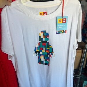 Lego White Tee with Multicolor Brick Minifigure Graphic